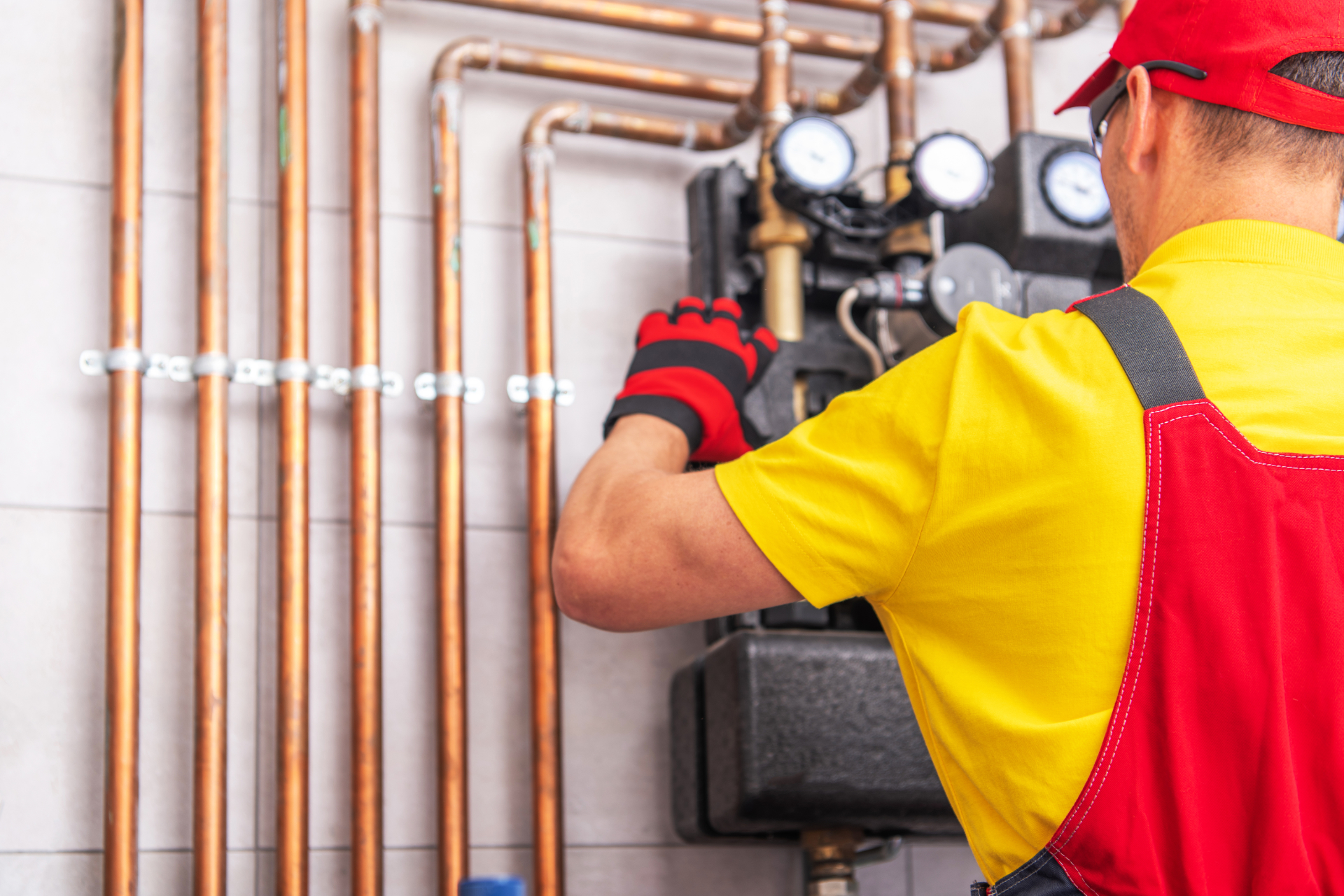 Professional HVAC Specialist Performing Heating System Maintenance and Safety Check Inside Residnential Building.